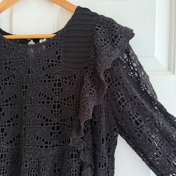 Anthropologie Eyelet Ruffled Sheer Black Top Long Sleeves Size 12 Prairie Boho - Picture 2 of 10